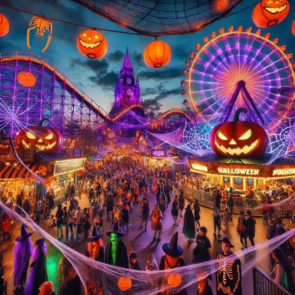Halloween-Nacht im Freizeitpark: leuchtende Kürbisse, Riesenrad und Achterbahn in violettem Licht.